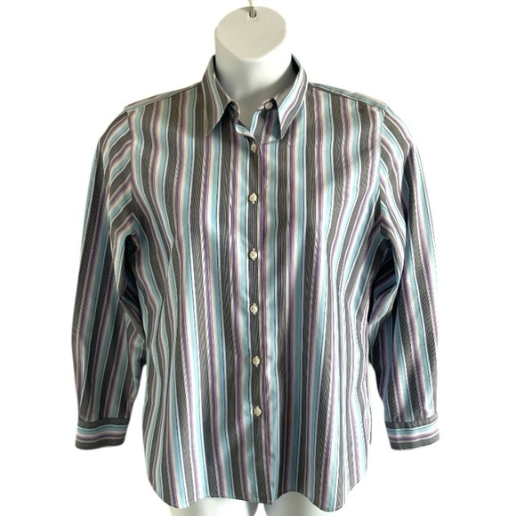 Foxcroft Women’s Non-Iron Button Down Shirt Shaped Fit Long Sleeve Striped Sz 12 - Picture 1 of 10